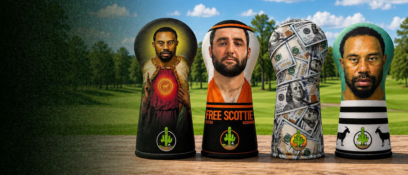 Wear It Golf headcover lineup on a bench beside the fairway